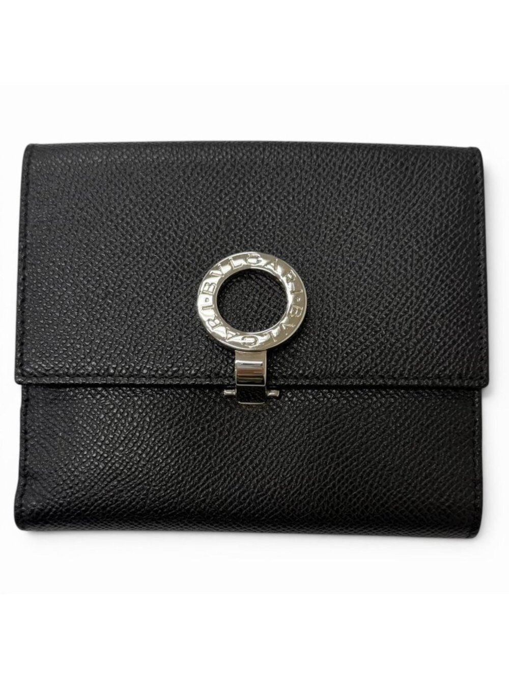 Bvlgari Leather Logo Clip Compact Wallet Bifold Black Silver